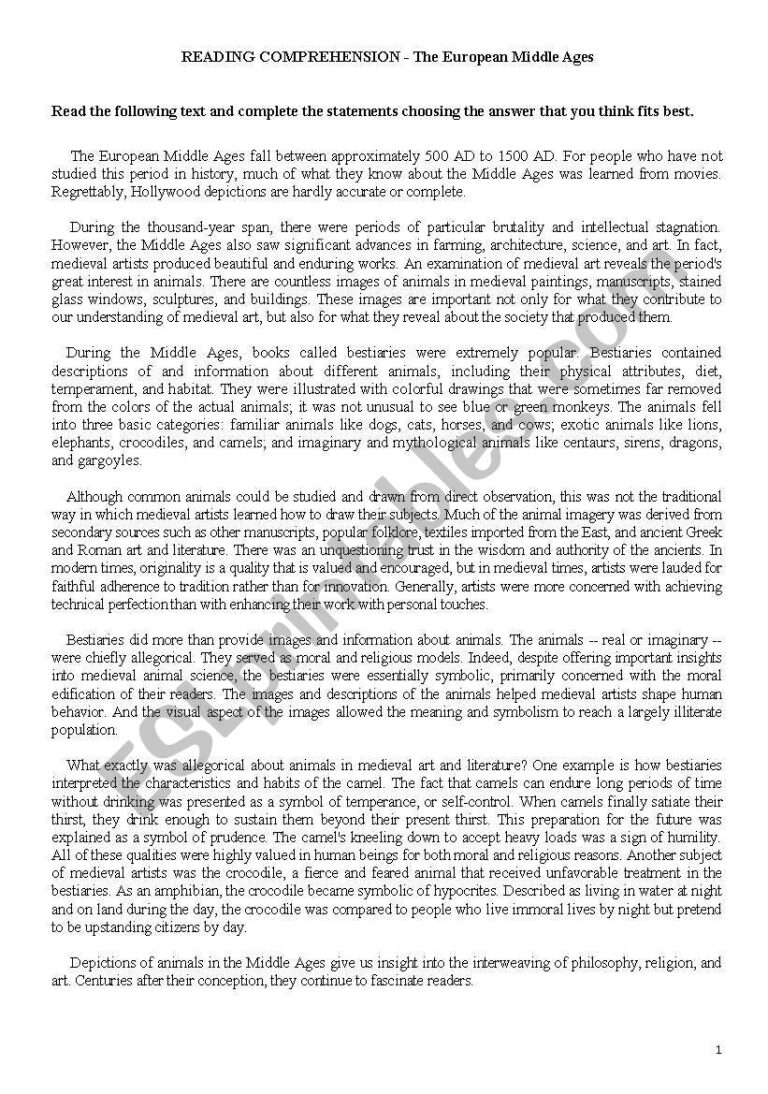 Reading Comprehension The European Middle Ages ESL Worksheet By Tanessi