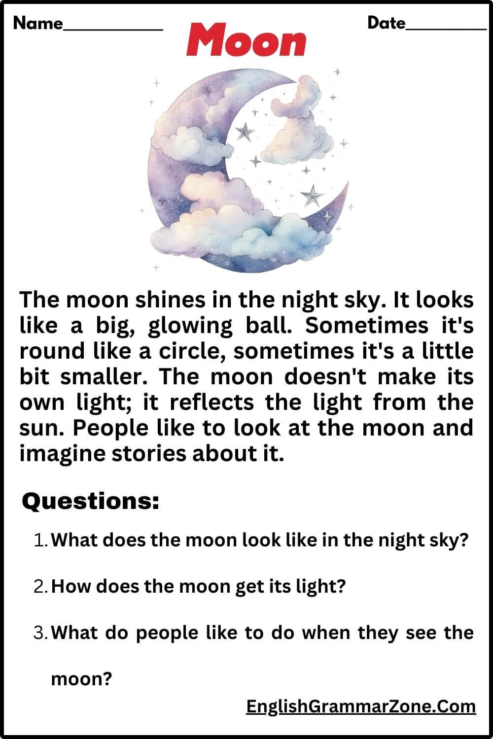 Light Reading Comprehension Worksheets