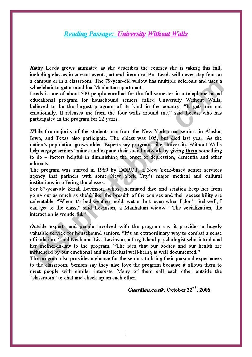 Reading Comprehension The University Without Walls ESL Worksheet By Yasmin Tounsi