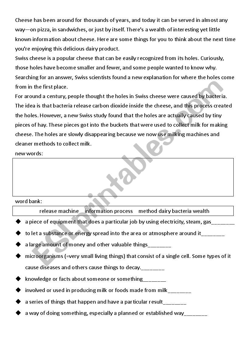 Reading Comprehension Why Swiss Cheese Has Holes In It ESL Worksheet By Willykuo