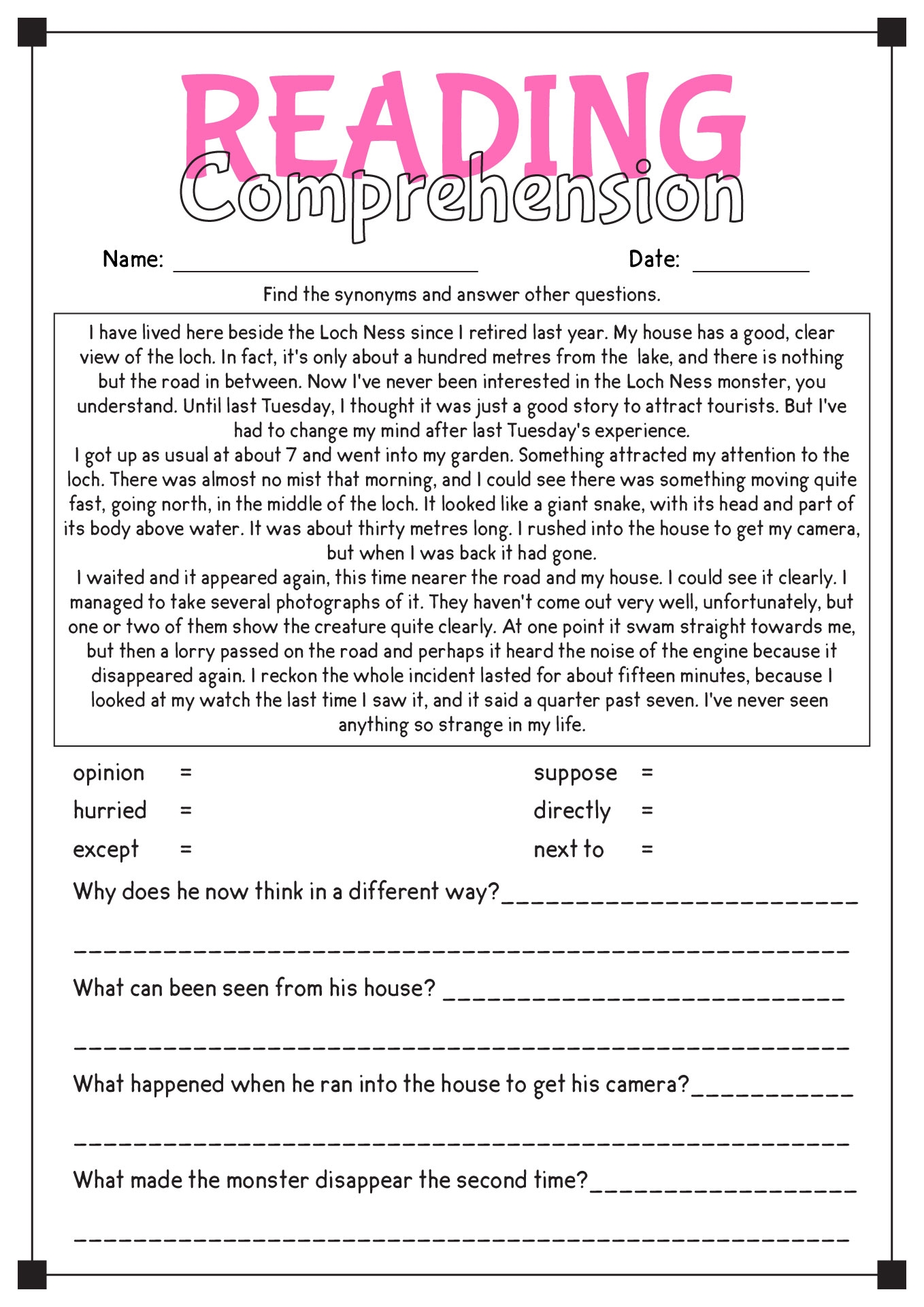 Reading Comprehension Worksheets Middle School Free