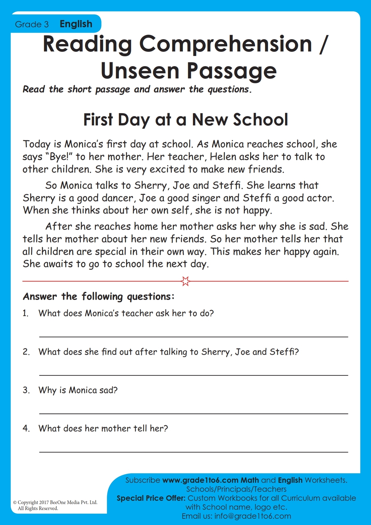 Reading Comprehension Worksheet Grade 3