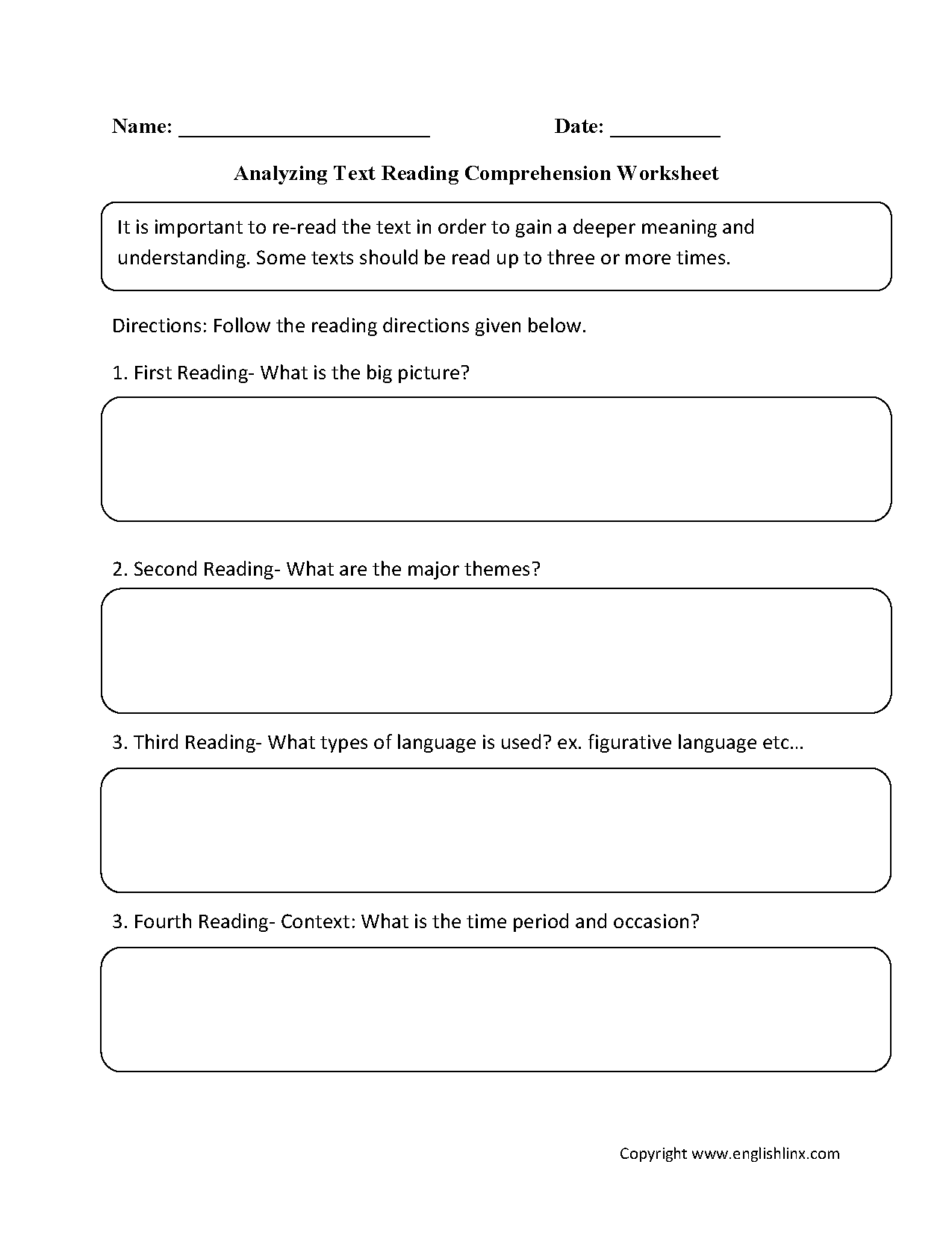 Reading Comprehension Worksheets Analyzing Text Reading 