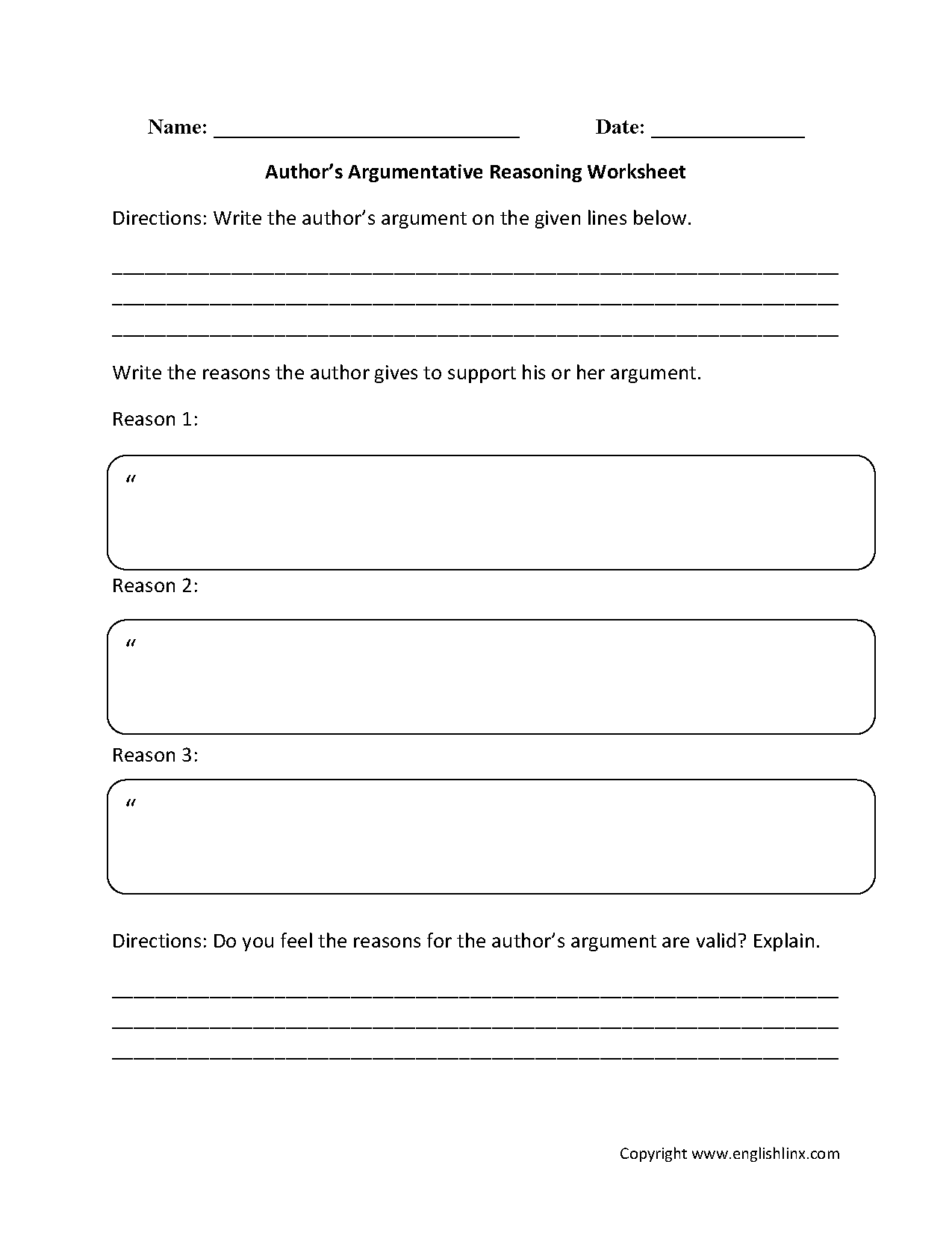 Reading Comprehension Worksheets Author s Argumentative Reasoning Reading Comprehension Worksheets