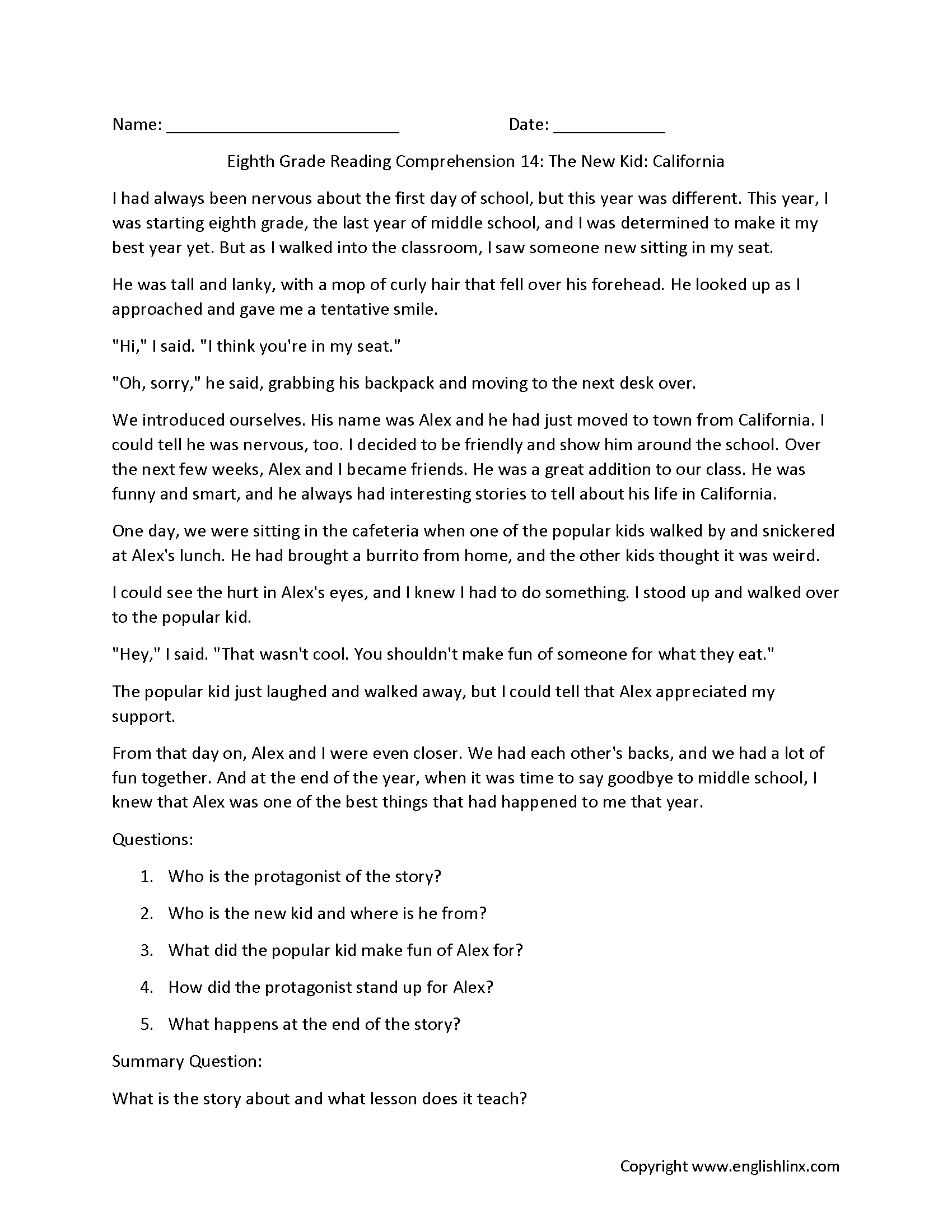 Reading Comprehension Worksheets Eighth Grade Reading 