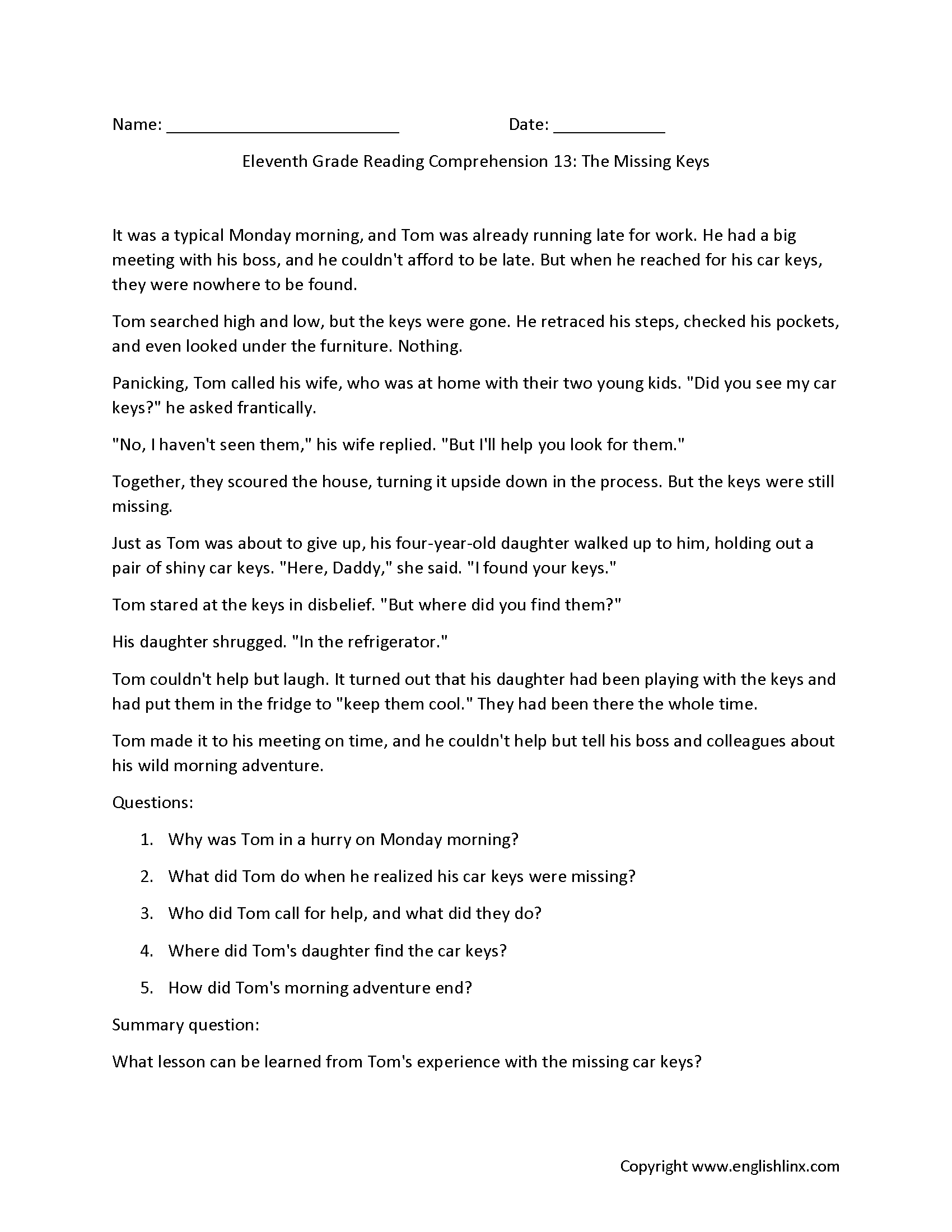 Reading Comprehension Worksheets Eleventh Grade Reading Comprehension Worksheets