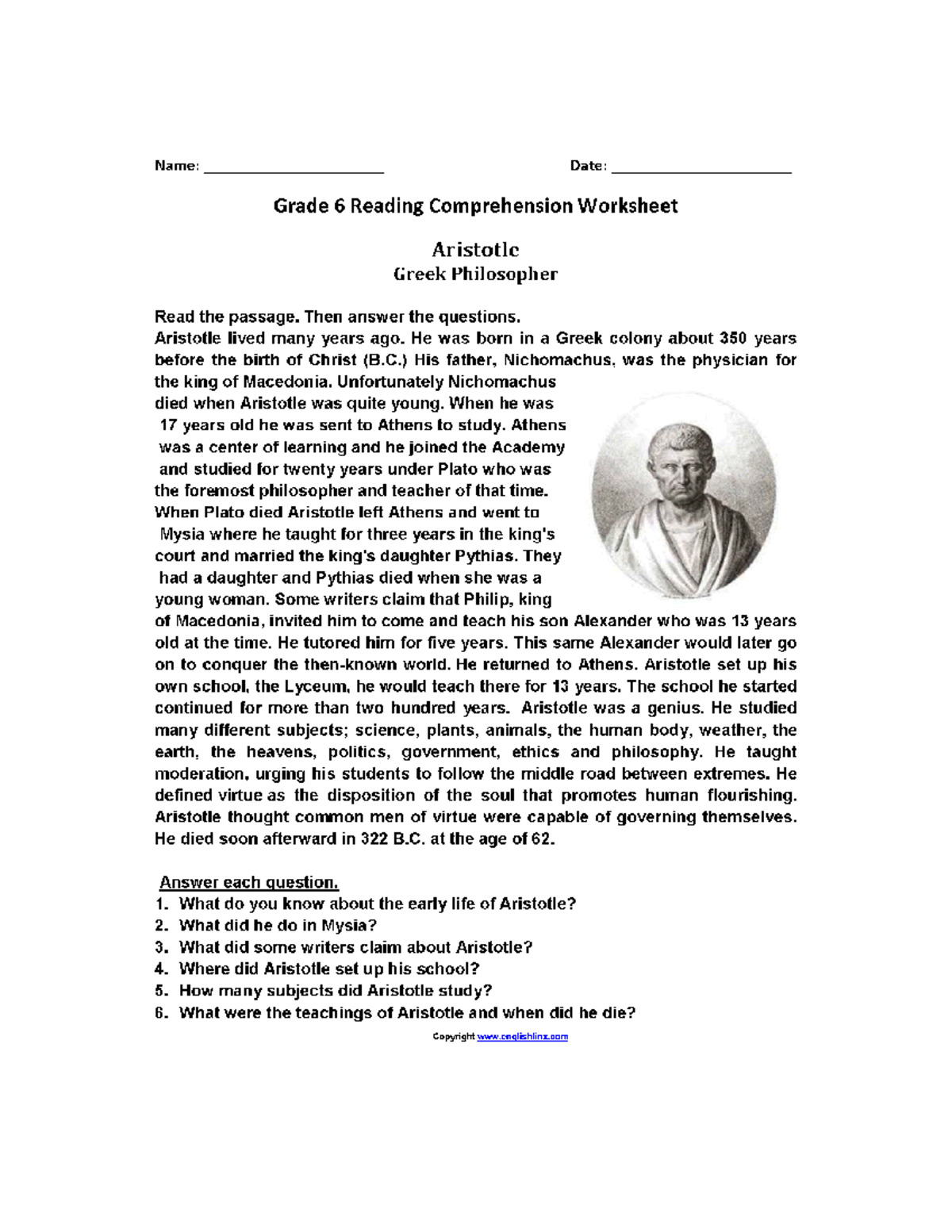 Reading Comprehension Worksheets For Grade 6 