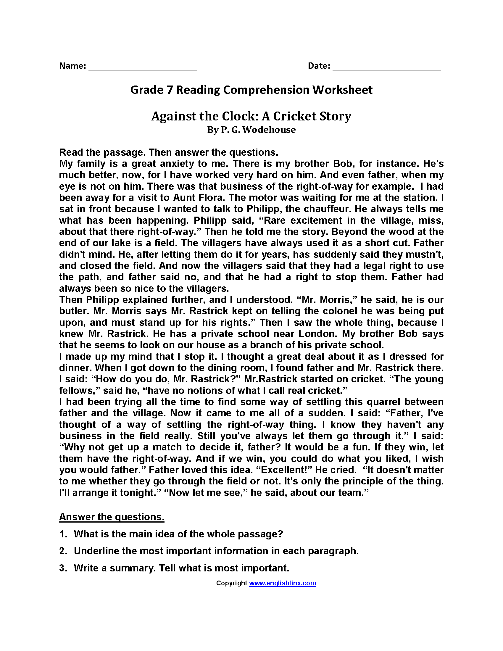 Reading Comprehension Worksheets For Grade 7 Worksheets Library