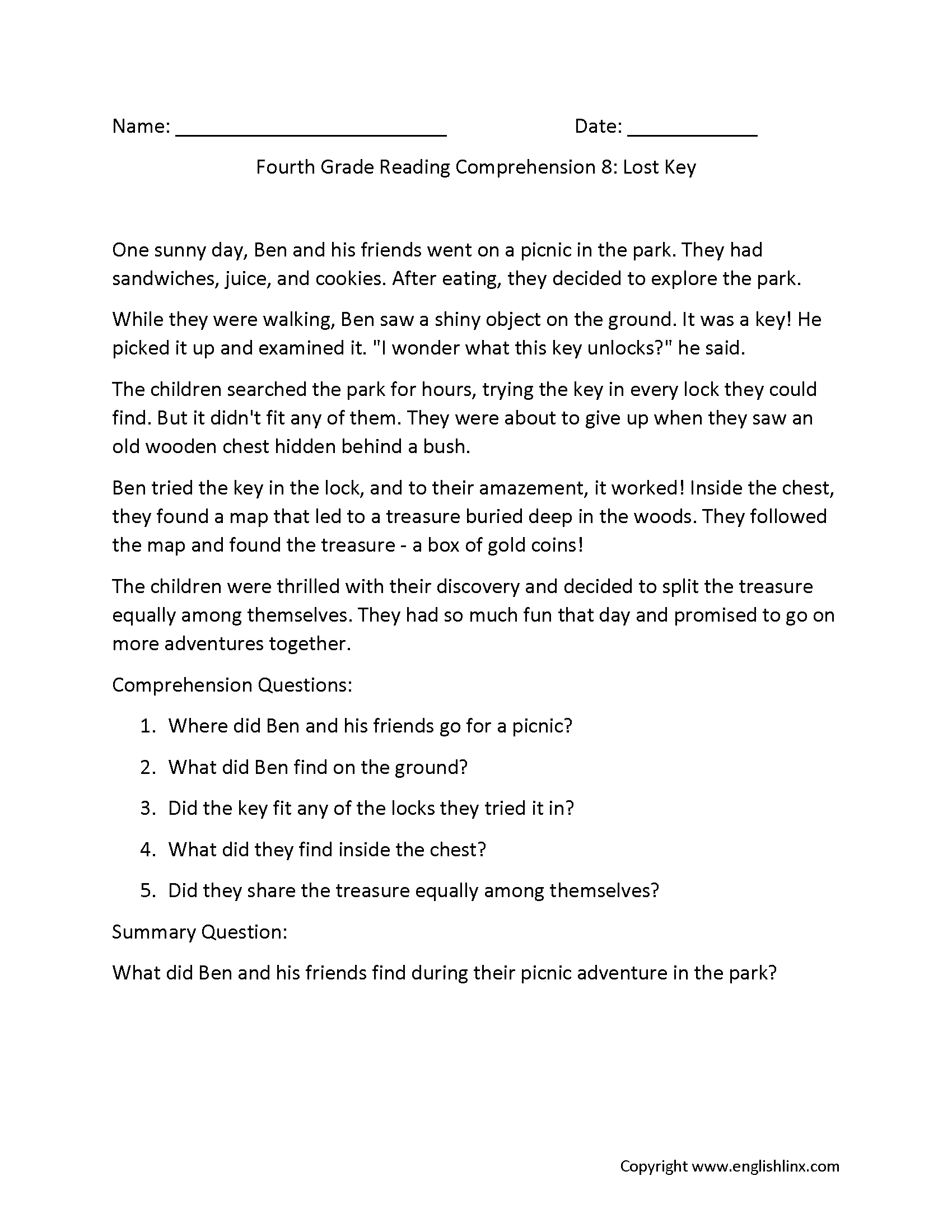 Reading Comprehension Worksheets Fourth Grade Reading Comprehension Worksheets