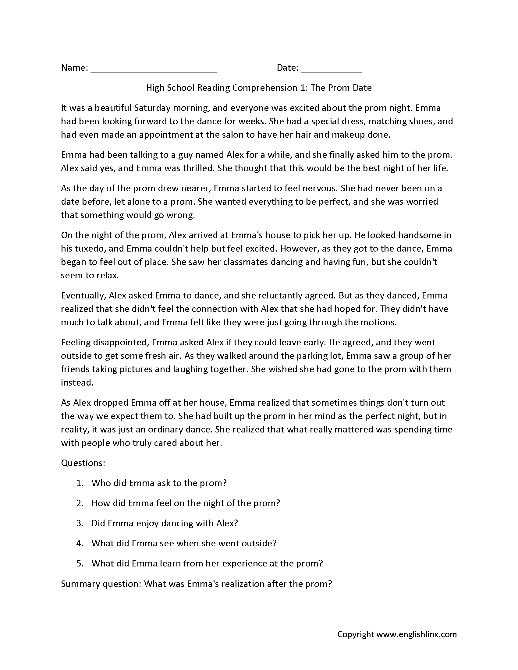 Reading Comprehension Worksheets Pdf High School