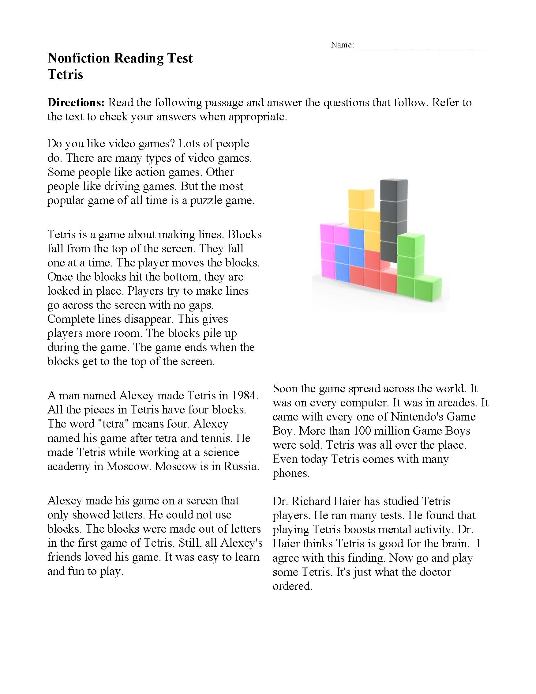 Reading Comprehension Worksheets Science High School