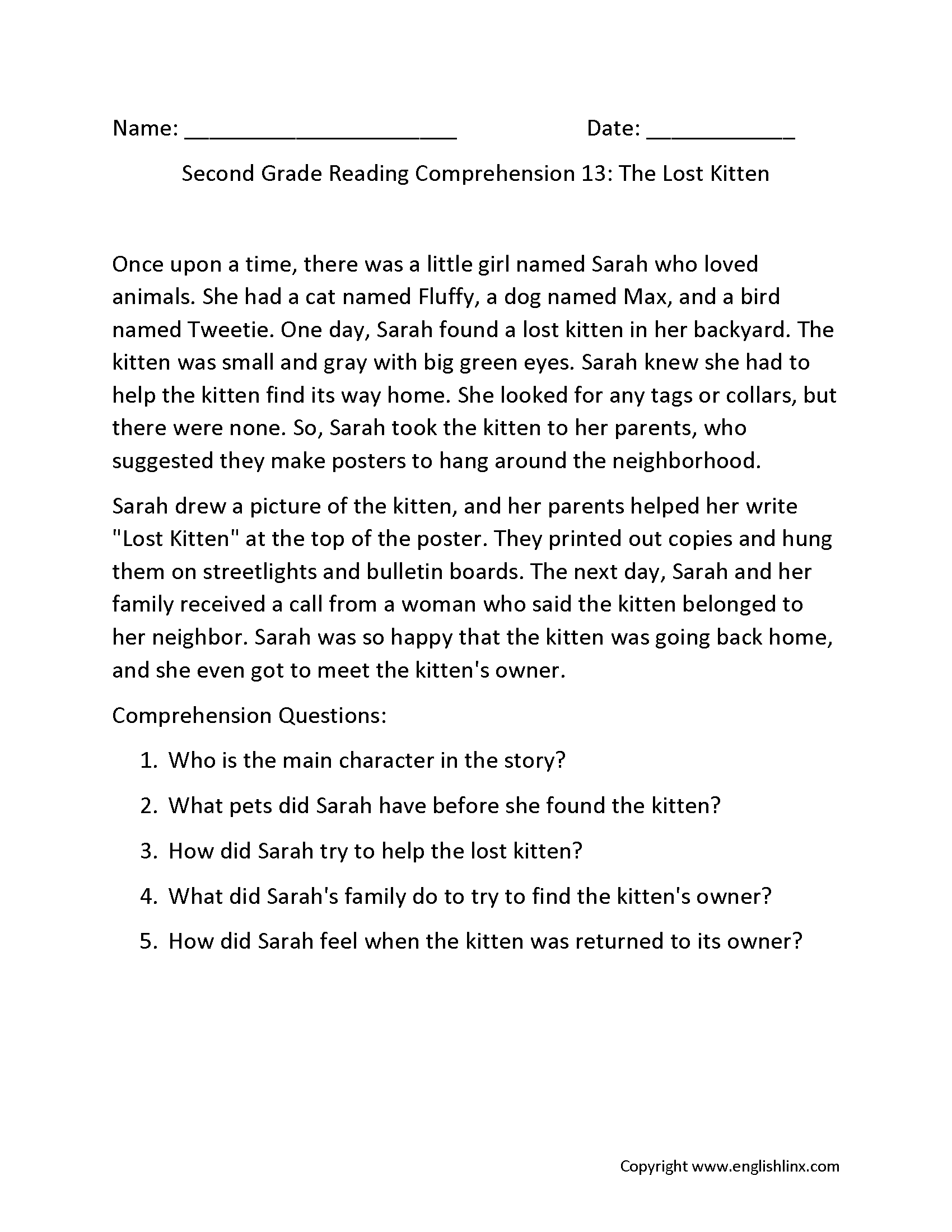 Reading Comprehension Worksheets Second Grade Reading Comprehension Worksheets