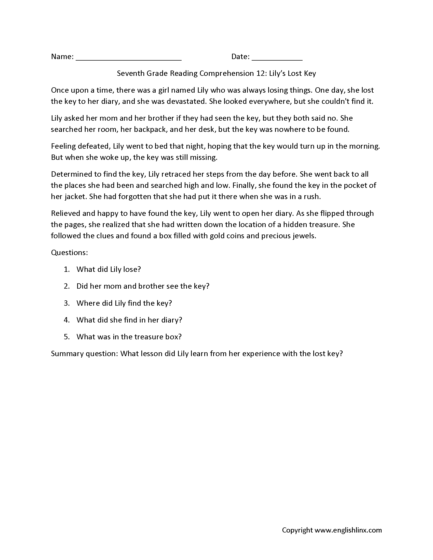 Reading Comprehension Worksheets Pdf Grade 7