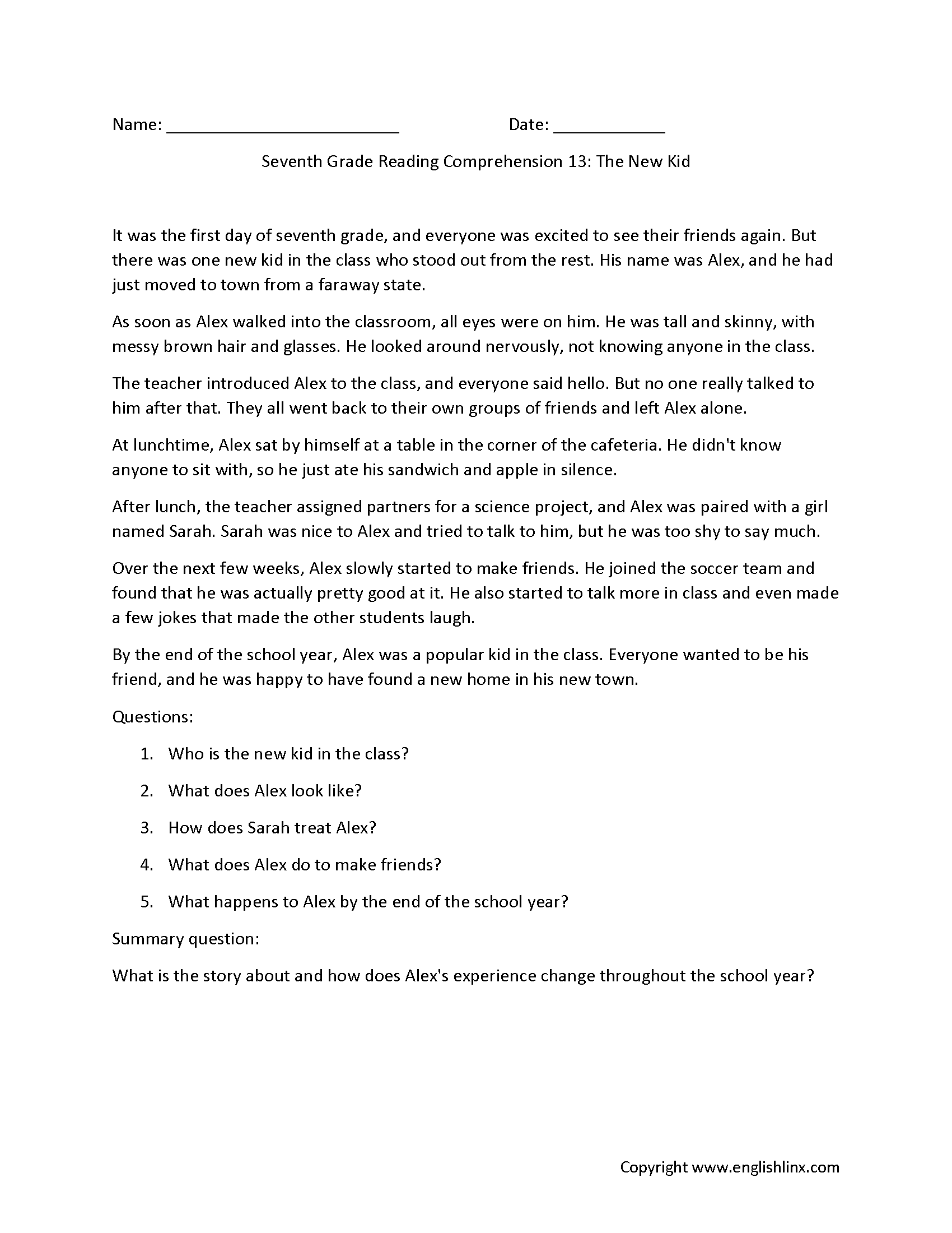 Reading Comprehension Worksheets Seventh Grade Reading 