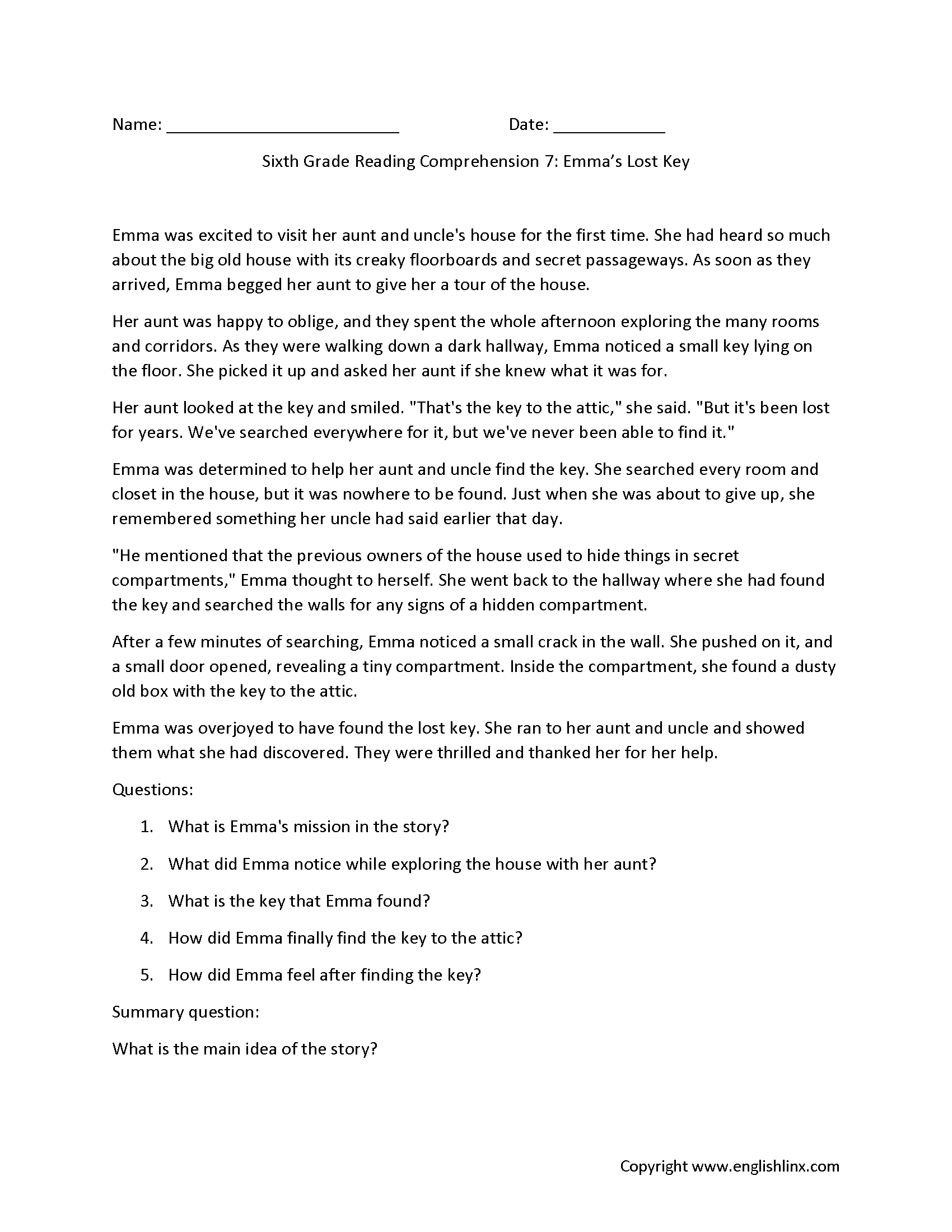 Reading Comprehension Worksheets Level 6