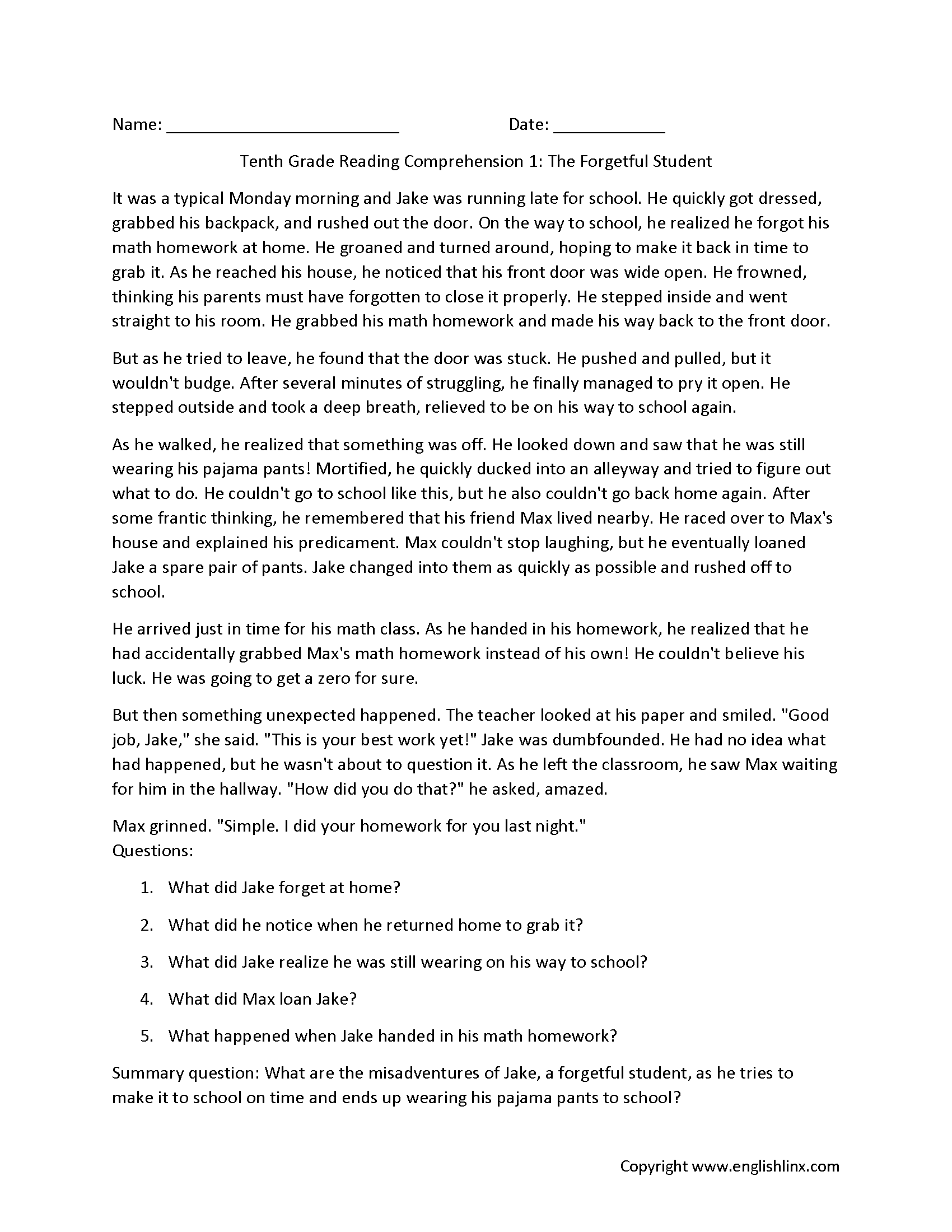 Reading Comprehension Worksheets Tenth Grade Reading 