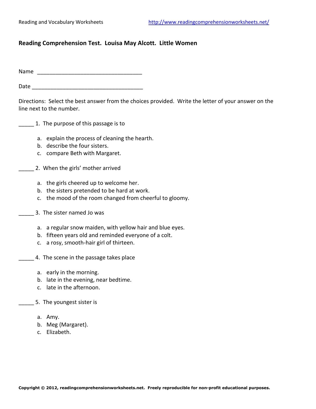 Reading Comprehension Test Worksheets Free