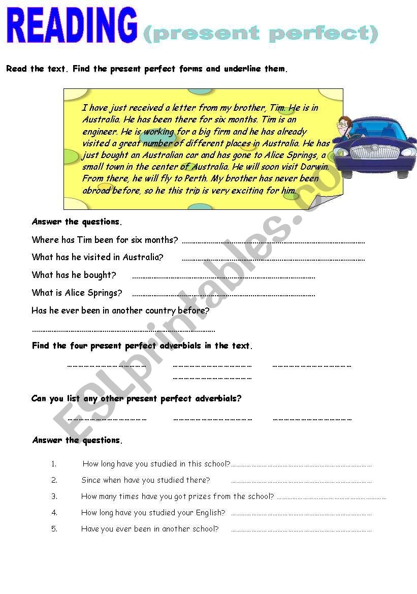 READING PRESENT PERFECT ESL Worksheet By Spanish2