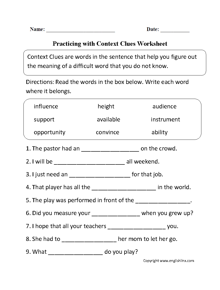 Reading Worksheets Context Clues Worksheets