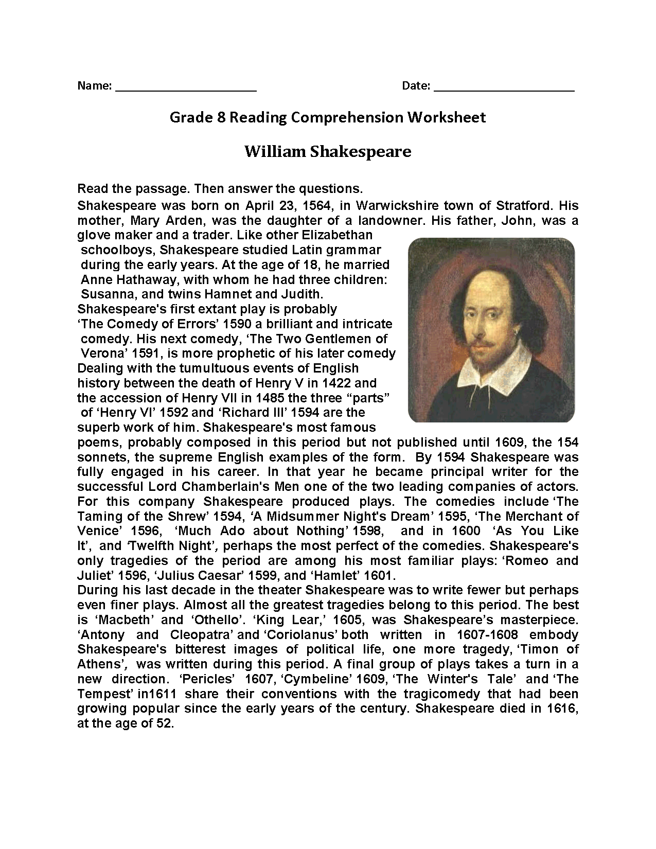 Reading Worksheets Eighth Grade Reading Worksheets