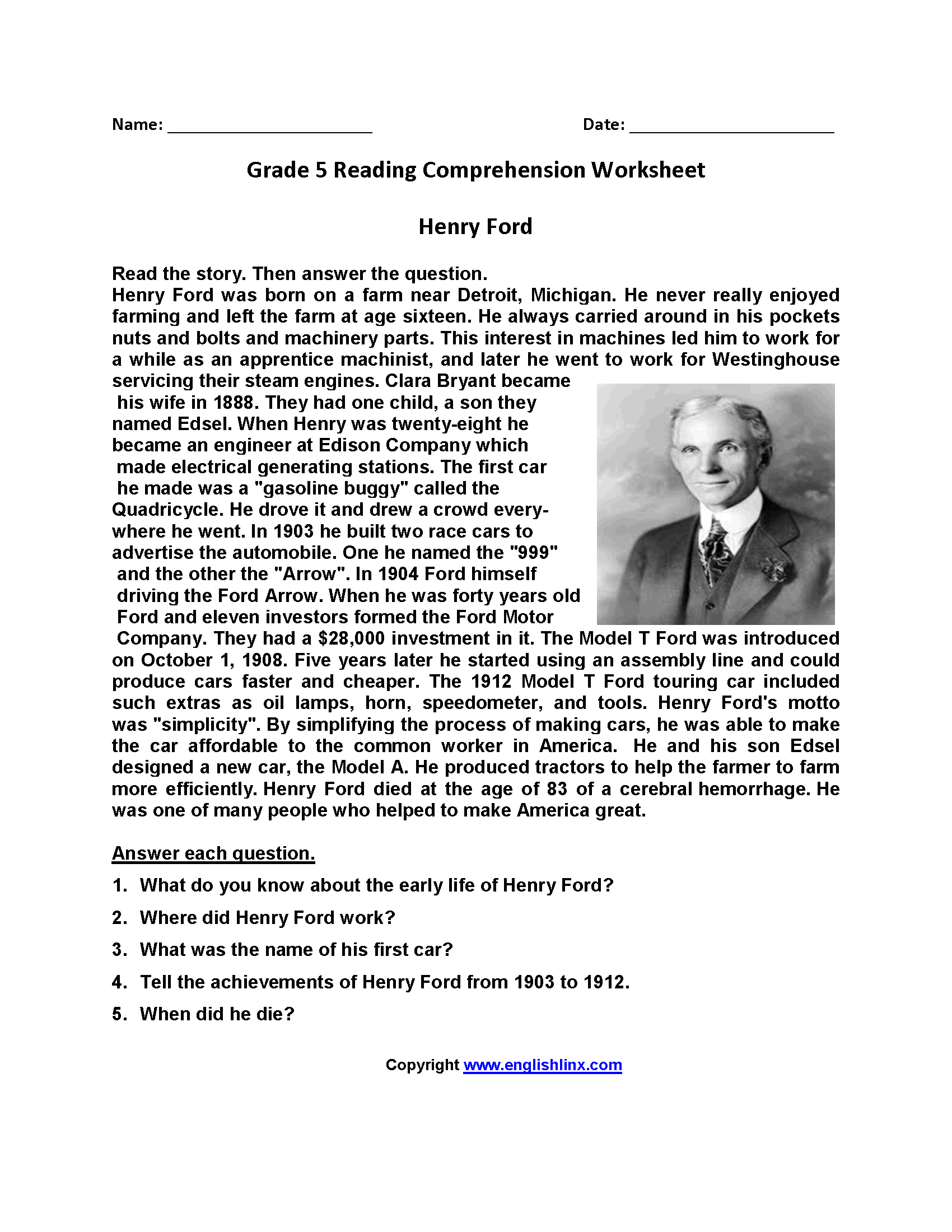 Reading Comprehension Worksheets Level 5