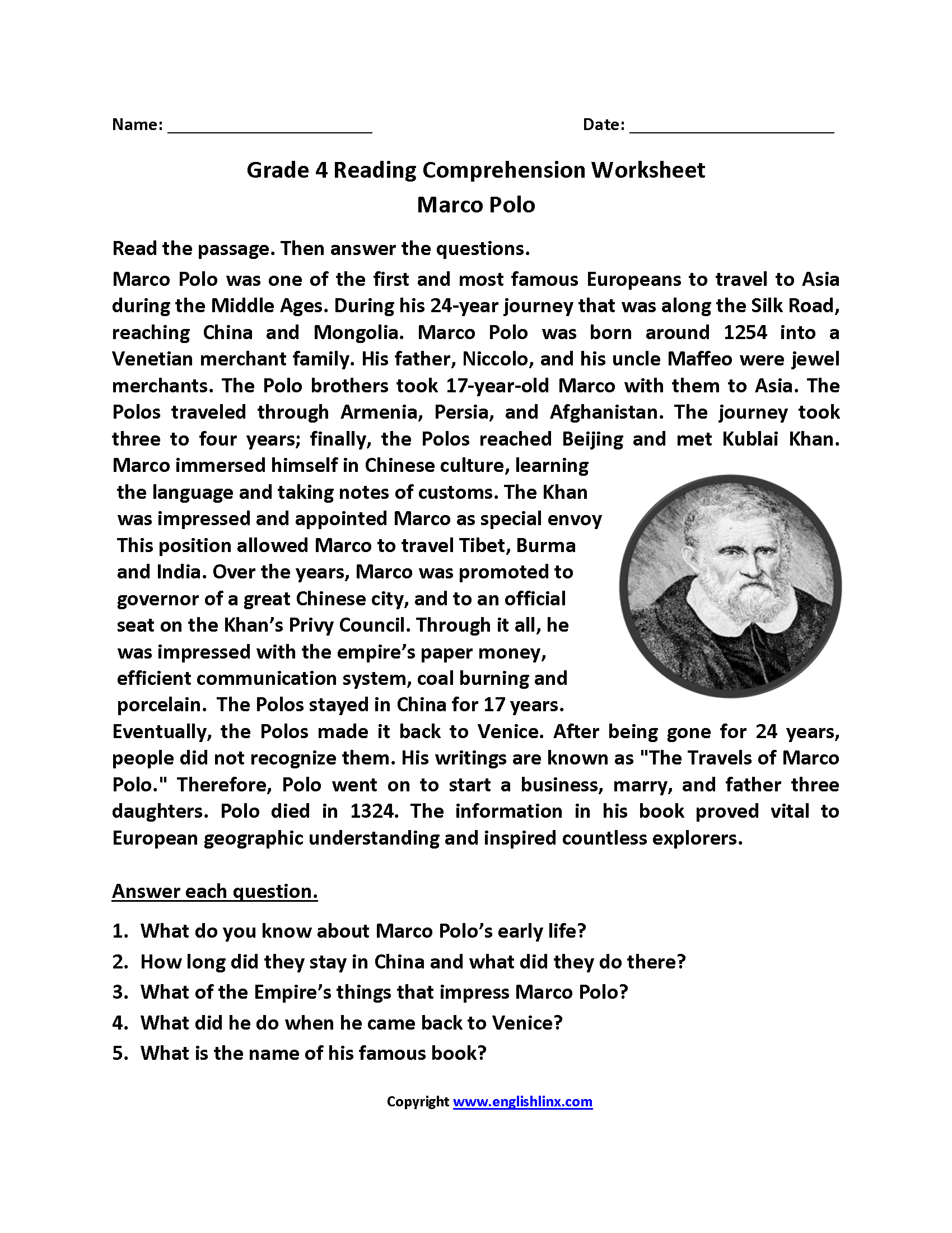 Reading Comprehension Worksheet For Grade 4