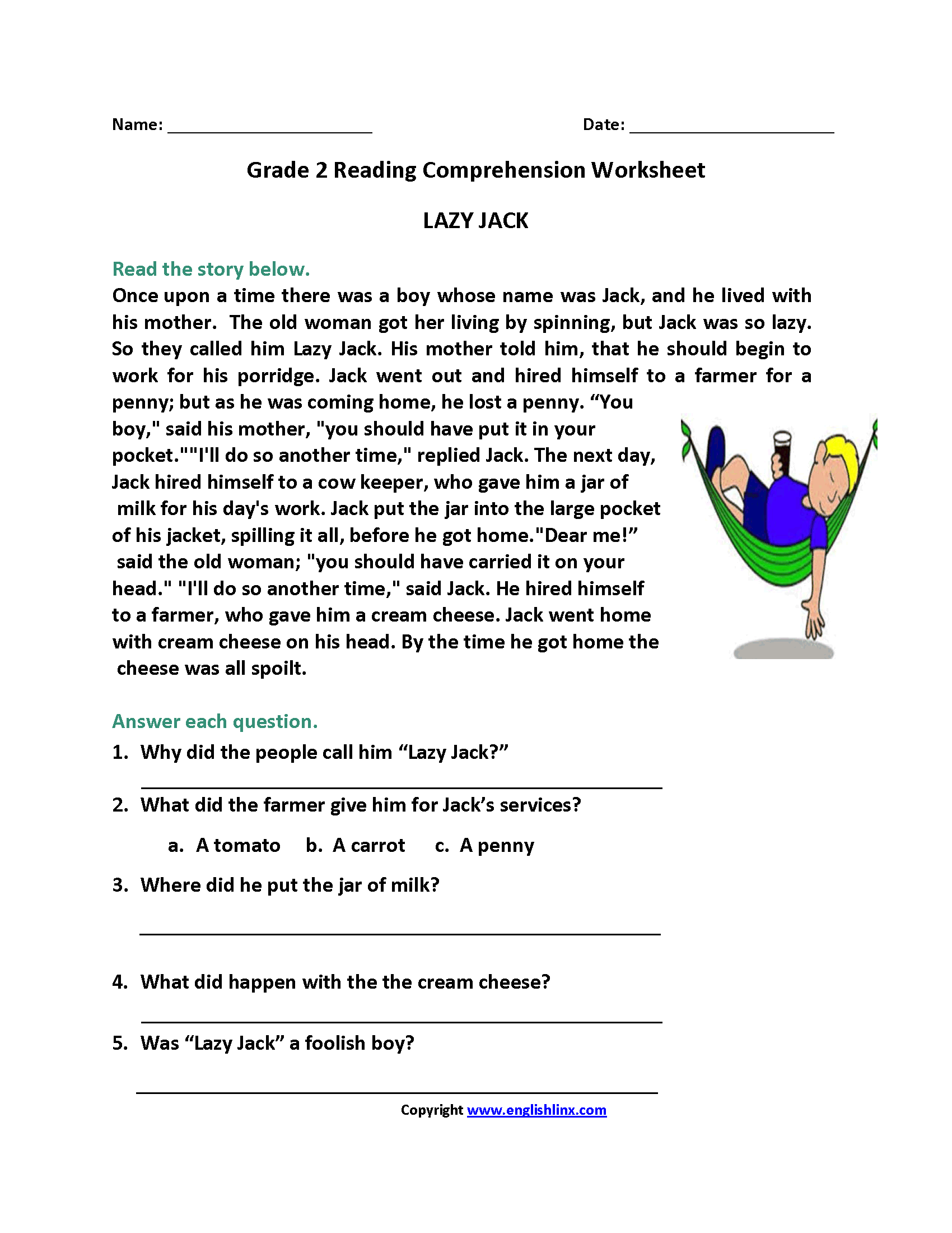 Reading Comprehension Worksheets 2nd Grade Level