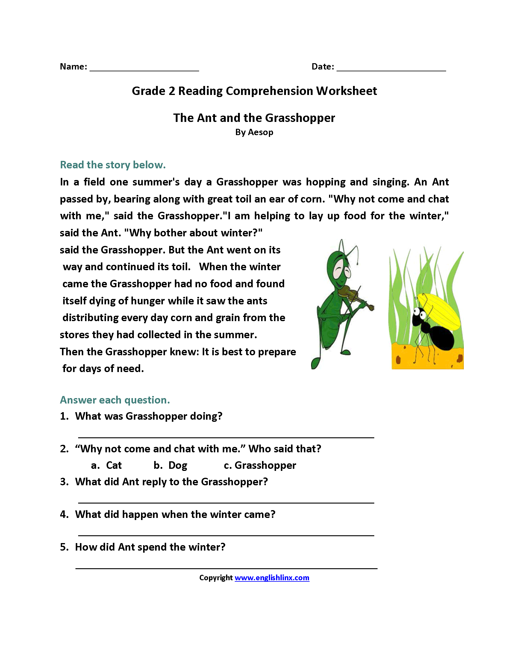 Reading Comprehension Worksheet 2nd Grade Pdf