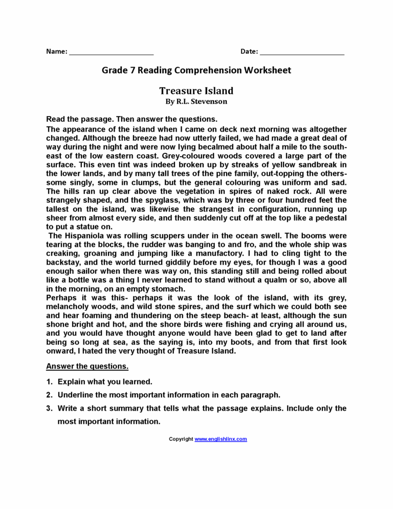 Reading Worksheets Seventh Grade Reading Worksheets