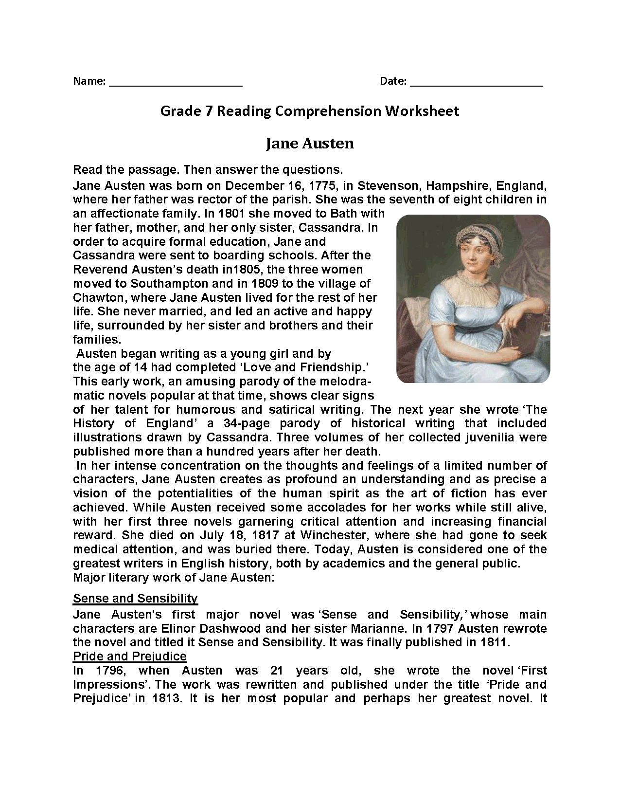 Reading Comprehension Worksheets For Seventh Grade