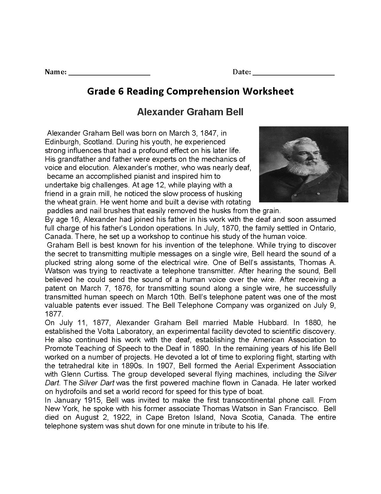 Reading Comprehension Worksheets For Grade 6