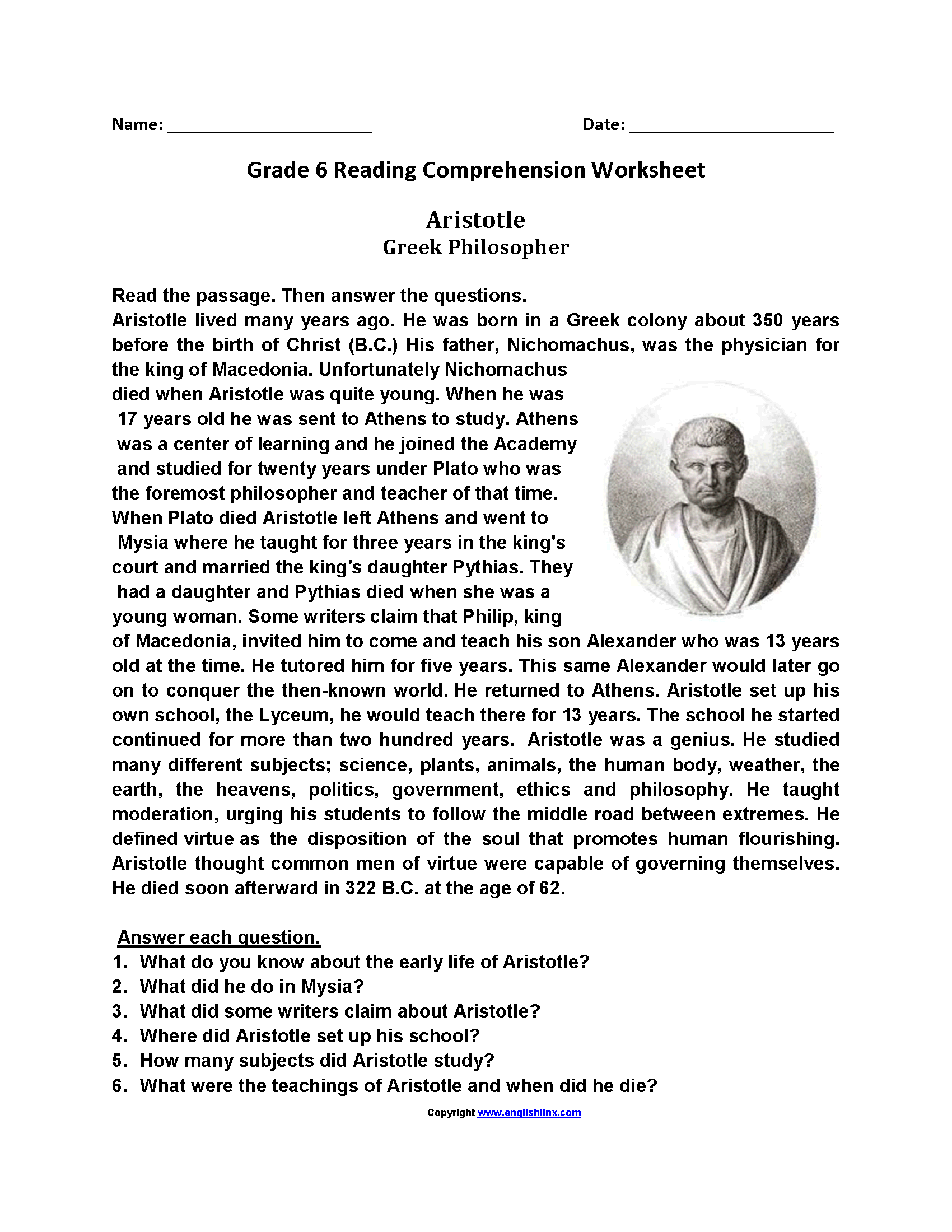 Reading Comprehension Printable Worksheets 6th Grade