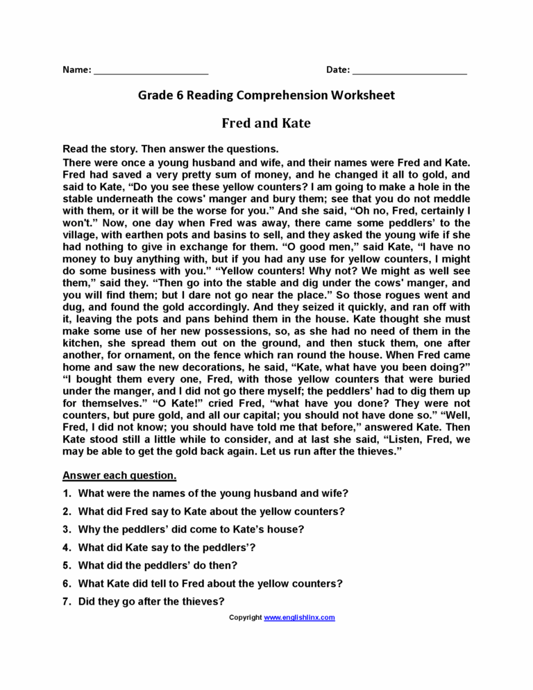Reading Worksheets Sixth Grade Reading Worksheets