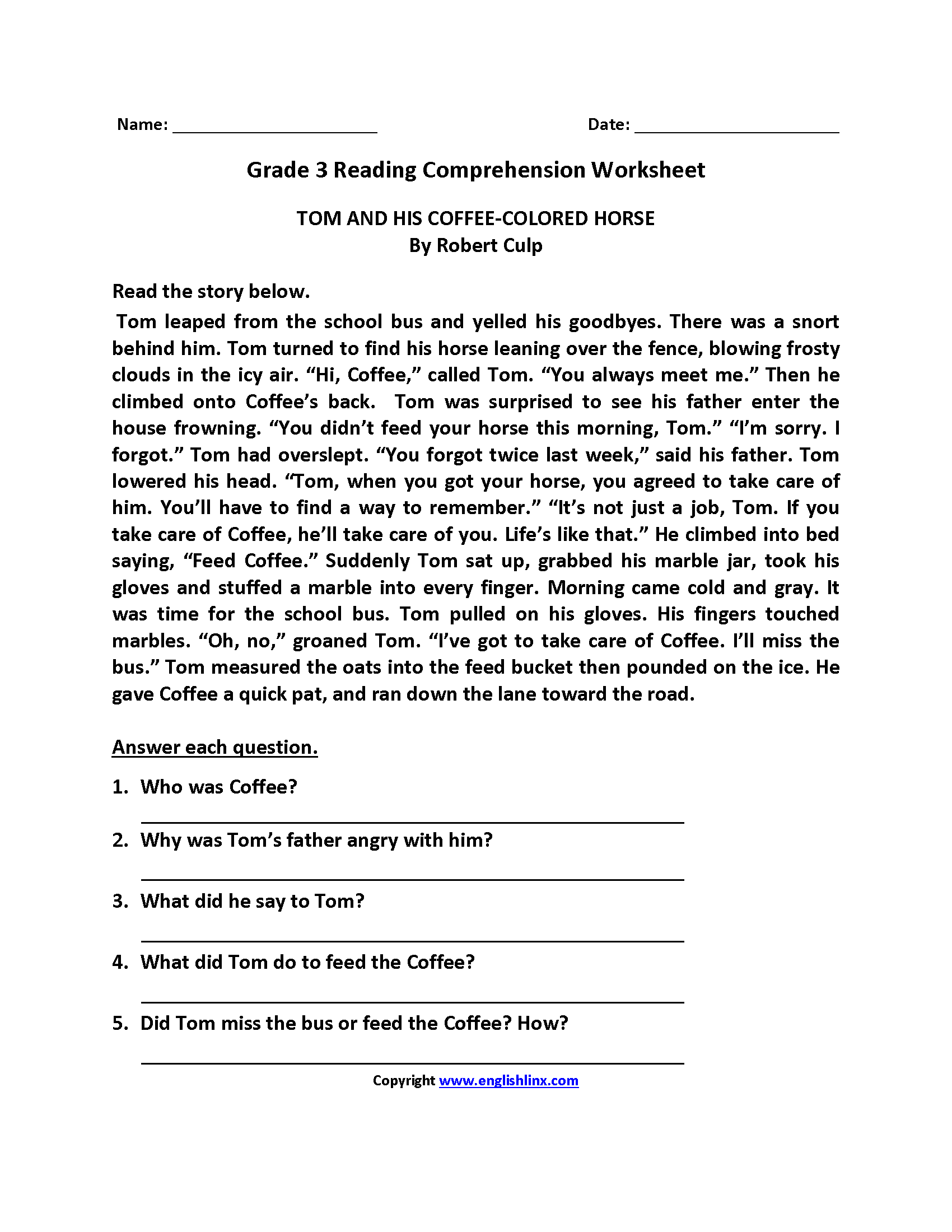 Reading Worksheets Third Grade Reading Worksheets