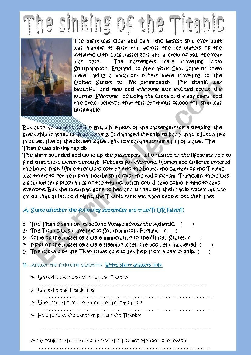 Titanic Reading Comprehension Worksheets
