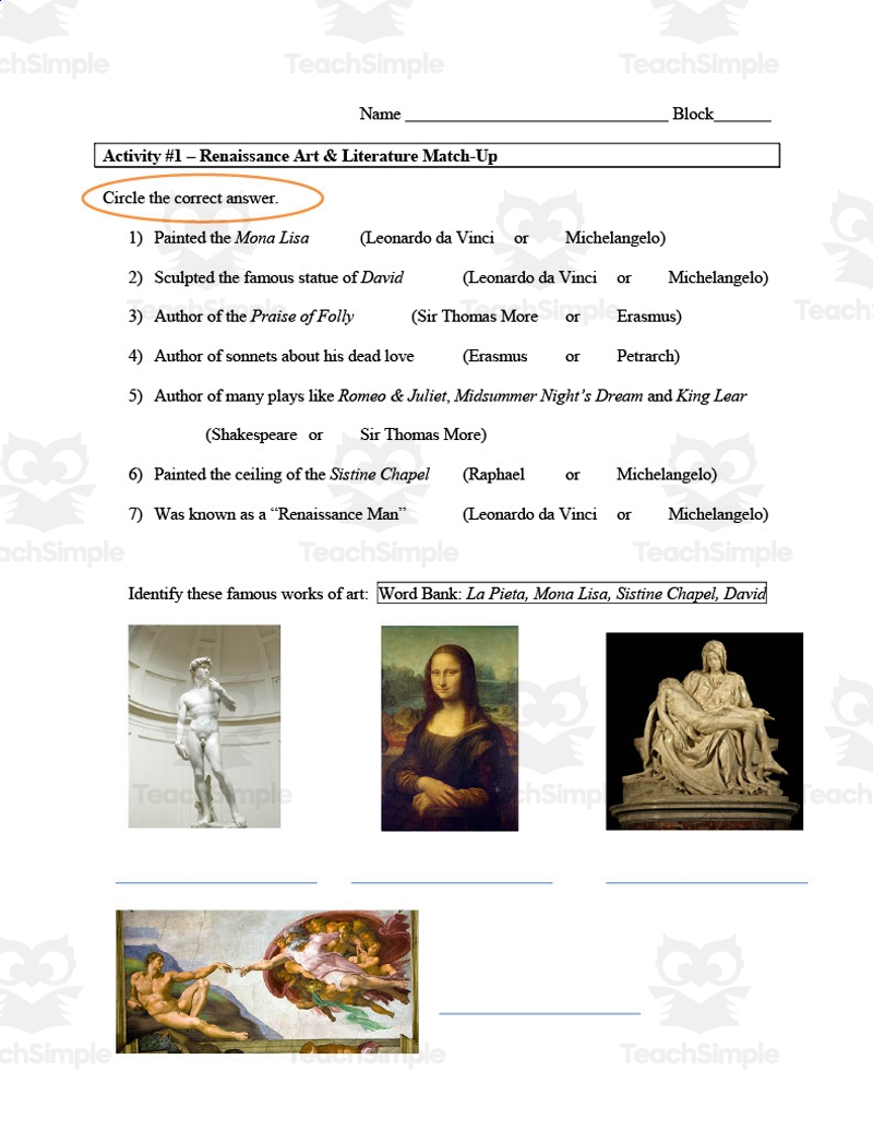 Renaissance Reading Comprehension Worksheets