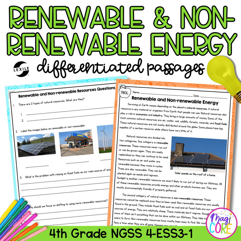 Renewable And Non renewable Energy NGSS 4 ESS3 1 Science Differentiated Passages