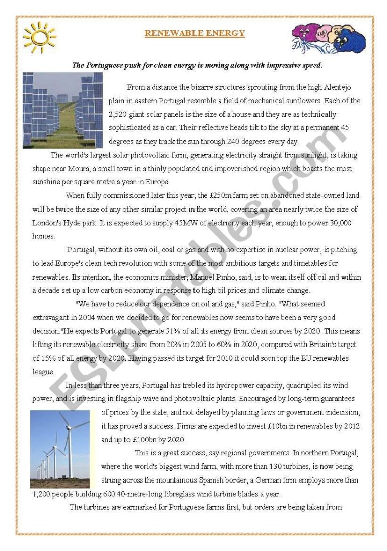 RENEWABLE ENERGY READING COMPREHENSION ESL Worksheet By Cimadas