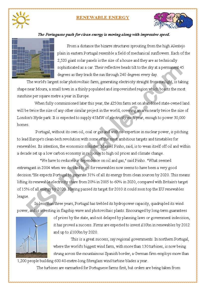 RENEWABLE ENERGY READING COMPREHENSION ESL Worksheet By Cimadas