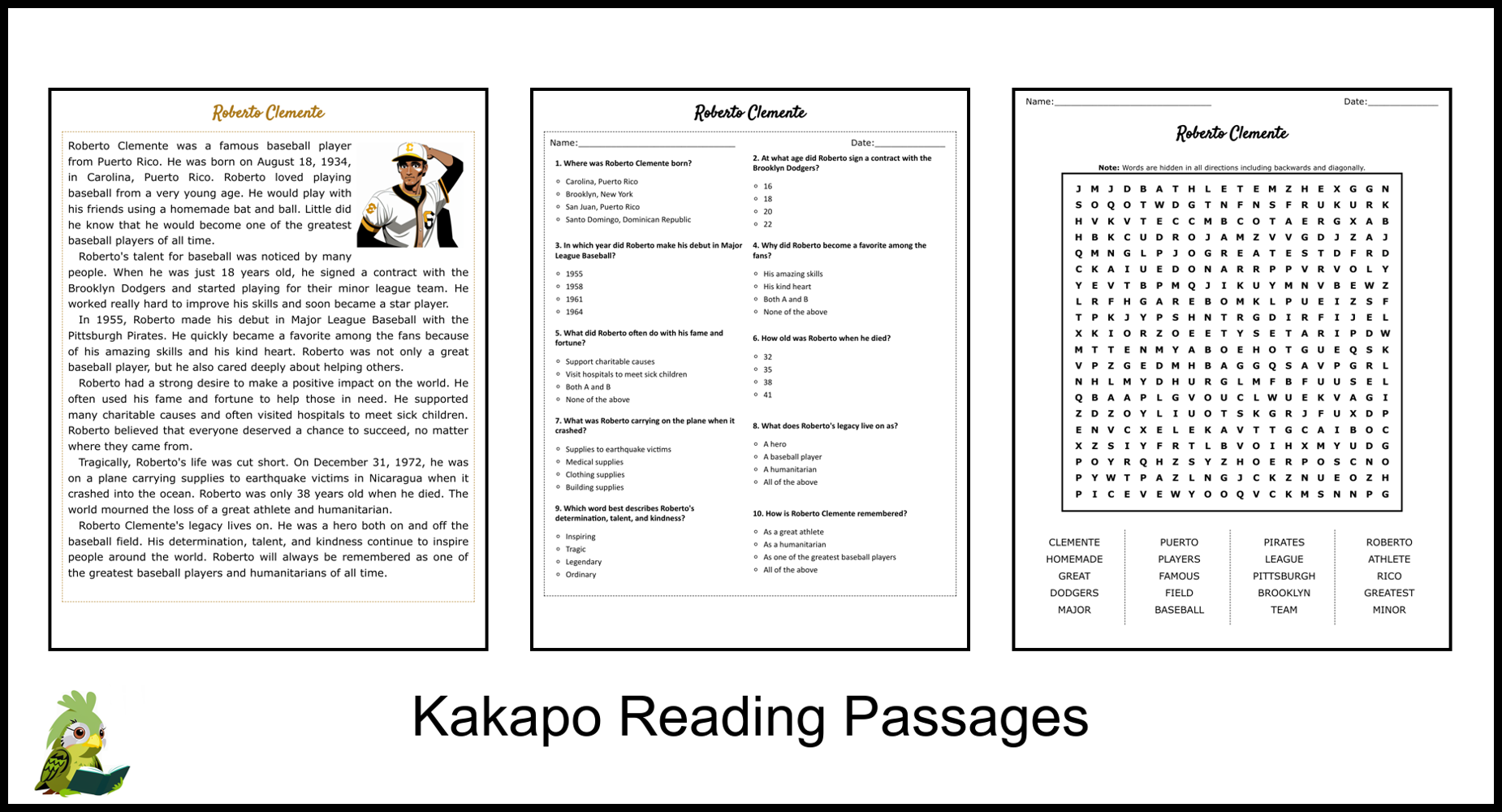 Roberto Clemente Reading Comprehension And Word Search Teaching Resources