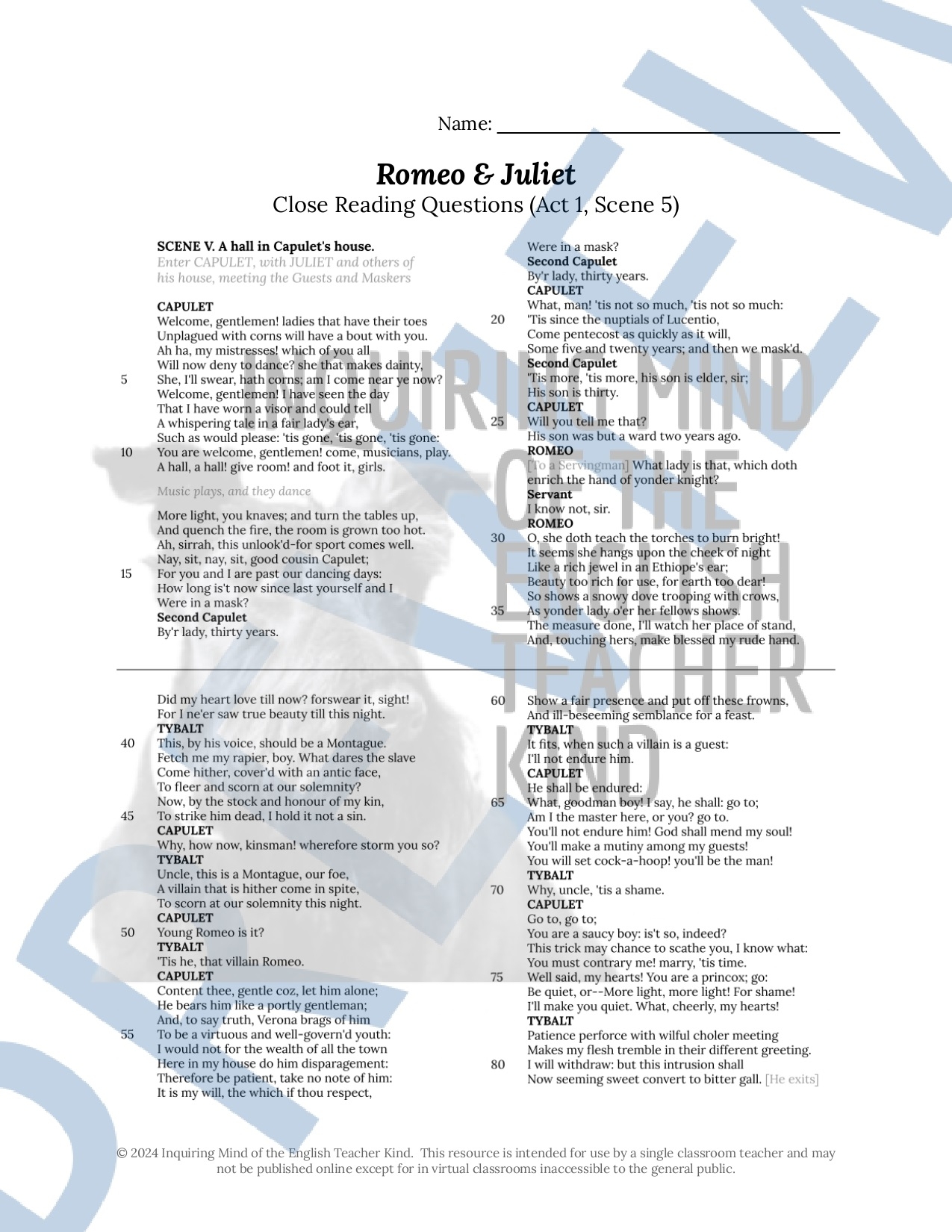 Romeo And Juliet Act 1 Scene 5 Close Reading Worksheet For High School Made By Teachers