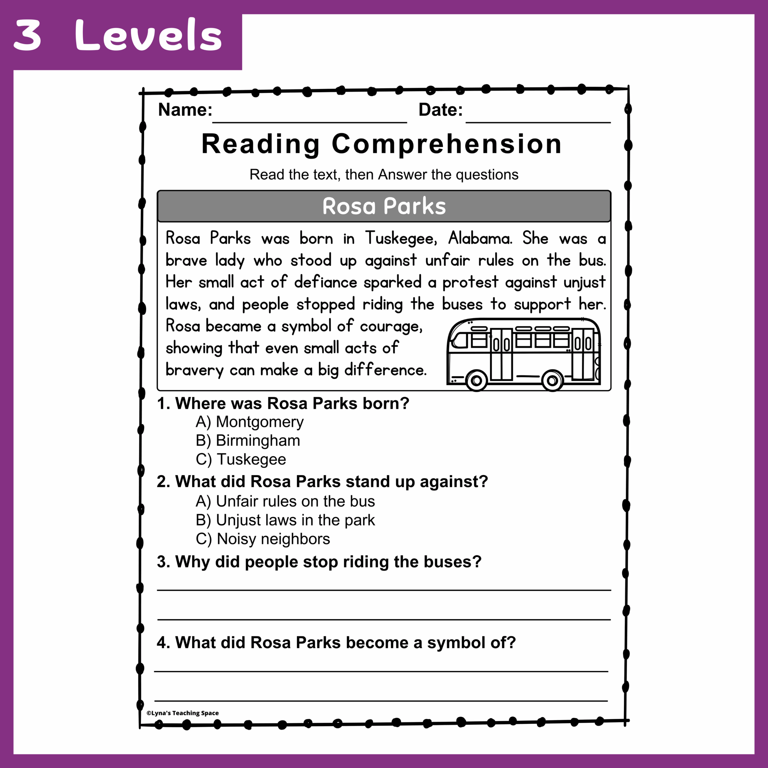 Rosa Parks Reading Comprehension Worksheets