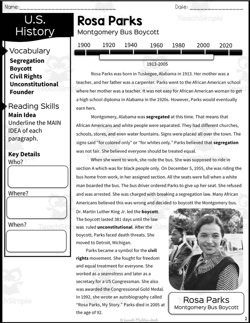 Rosa Parks Reading Packet