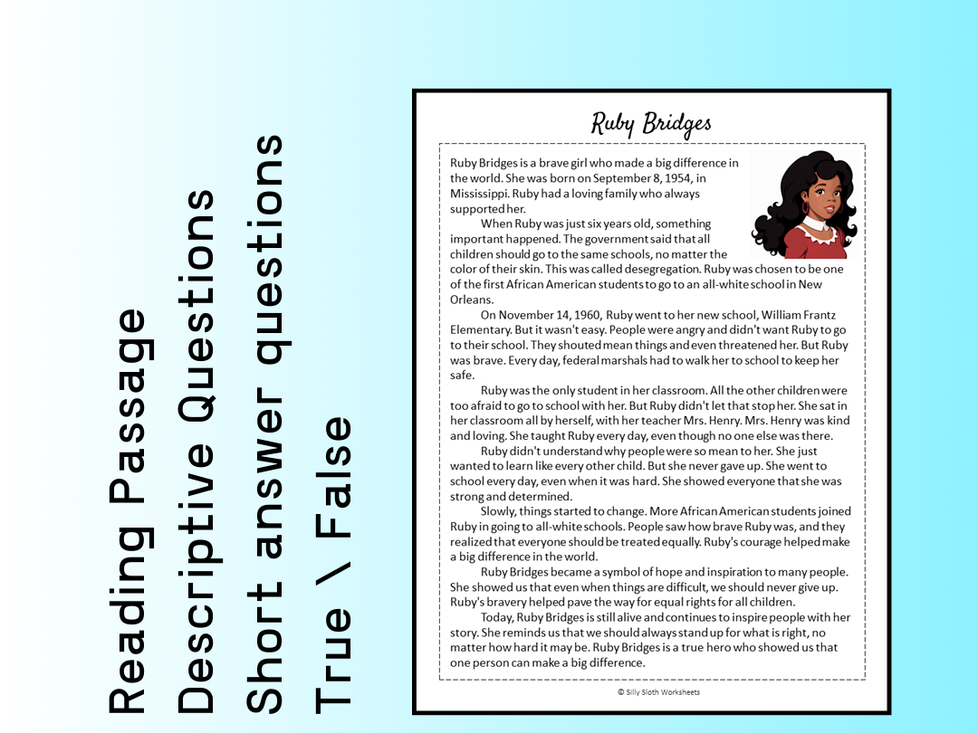 Ruby Bridges Biography Reading Comprehension Passage Printable Worksheet PDF Teaching Resources