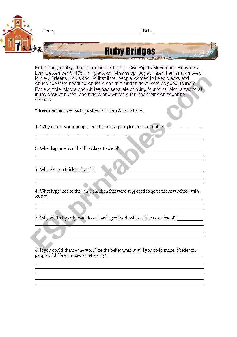 Ruby Bridges Reading Comprehension Worksheet ESL Worksheet By Candigrl31