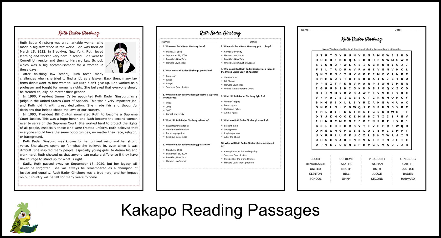 Ruth Bader Ginsburg Reading Comprehension And Word Search Teaching Resources