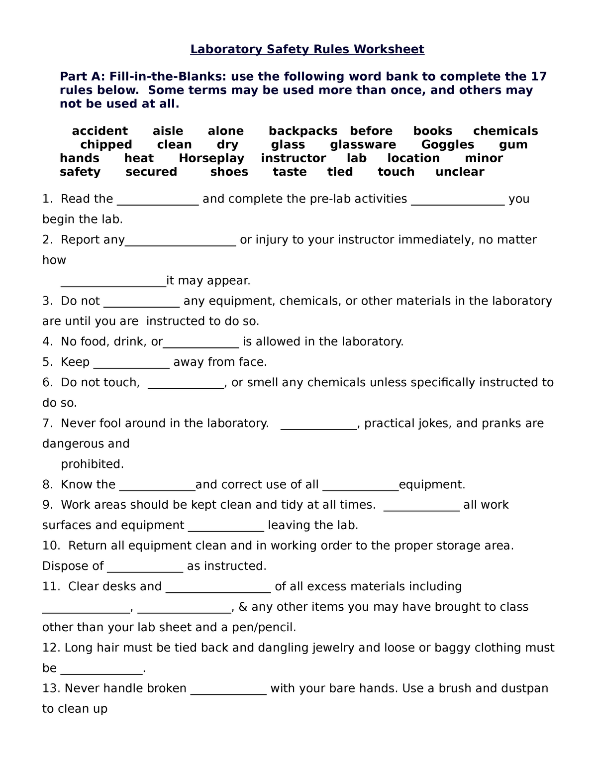 Lab Safety Reading Comprehension Worksheet