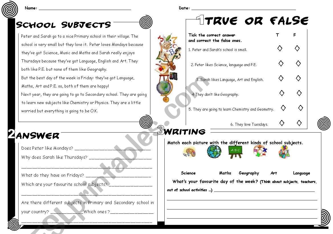 School Subjects Reading Answers Writing ESL Worksheet By Mallerenga