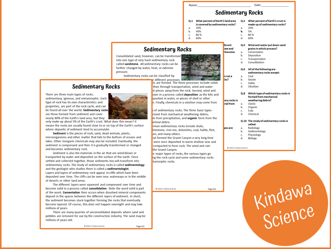 Sedimentary Rocks Reading Comprehension Passage And Questions PDF Teaching Resources