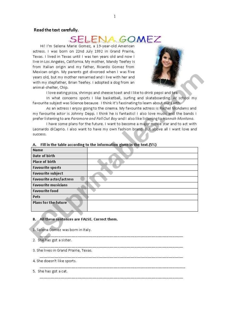 Selena Gomez ESL Worksheet By Crisangie